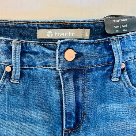 Lisa Mini Stretch Denim Jean Skirt Distressed in Indigo w/ Raw Frayed Edge Hem - Picture 2 of 12